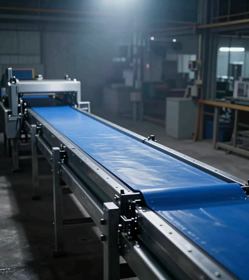 A stainless food-grade belt conveyor in a Vulcan workshop bay
