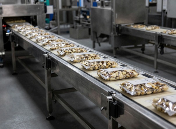 A flat belt conveyor carrying packaged goods along a production line