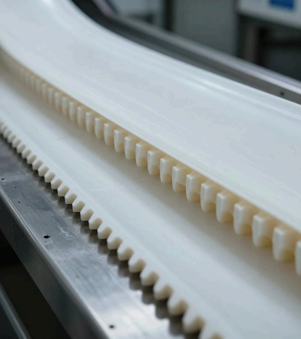 A homogeneous polyurethane belt on a stainless food conveyor