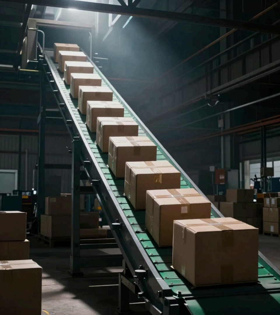 An inclined belt conveyor carrying cartons up through a lit warehouse bay