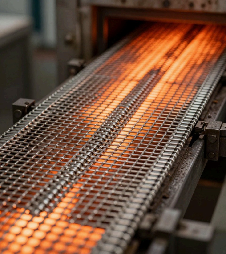A stainless wire-mesh belt passing through a glowing heat oven