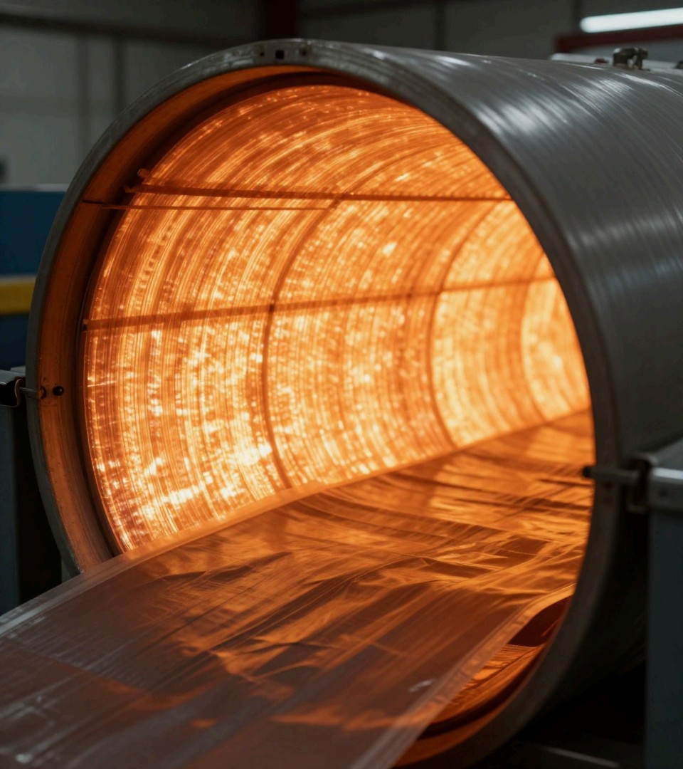 A PTFE belt drawn through a heat curing drum