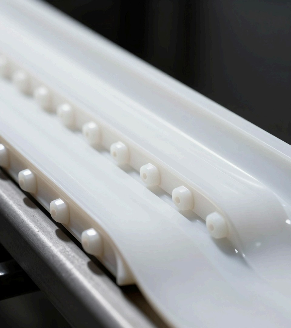 A close view of a cleated white polyurethane belt