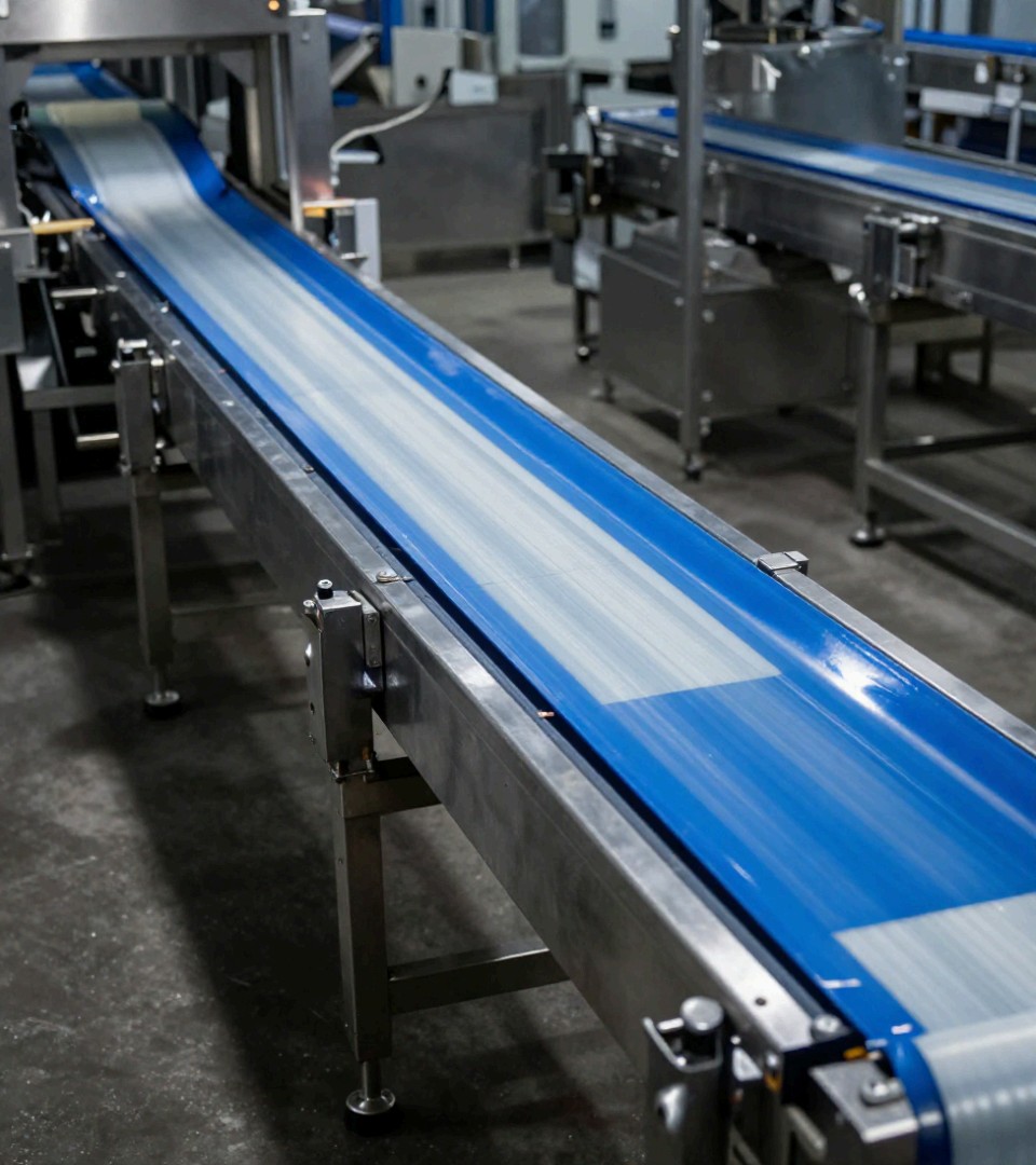 A blue PVC belt conveyor feeding a packing line