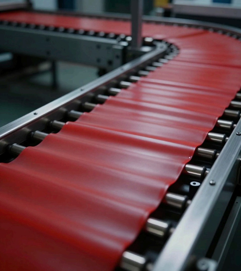 A red silicone conveyor belt on a packaging machine