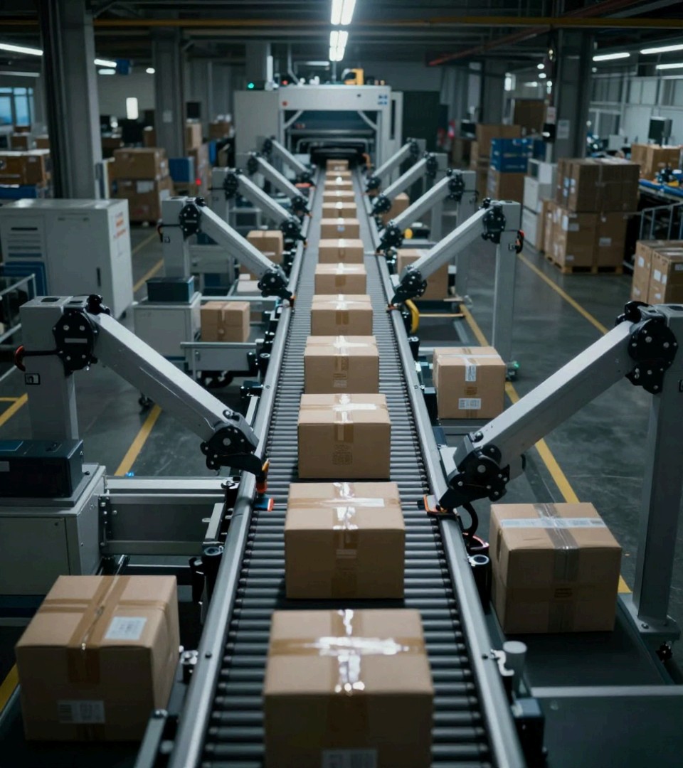 A sortation line diverting boxes across powered rollers in a distribution hall