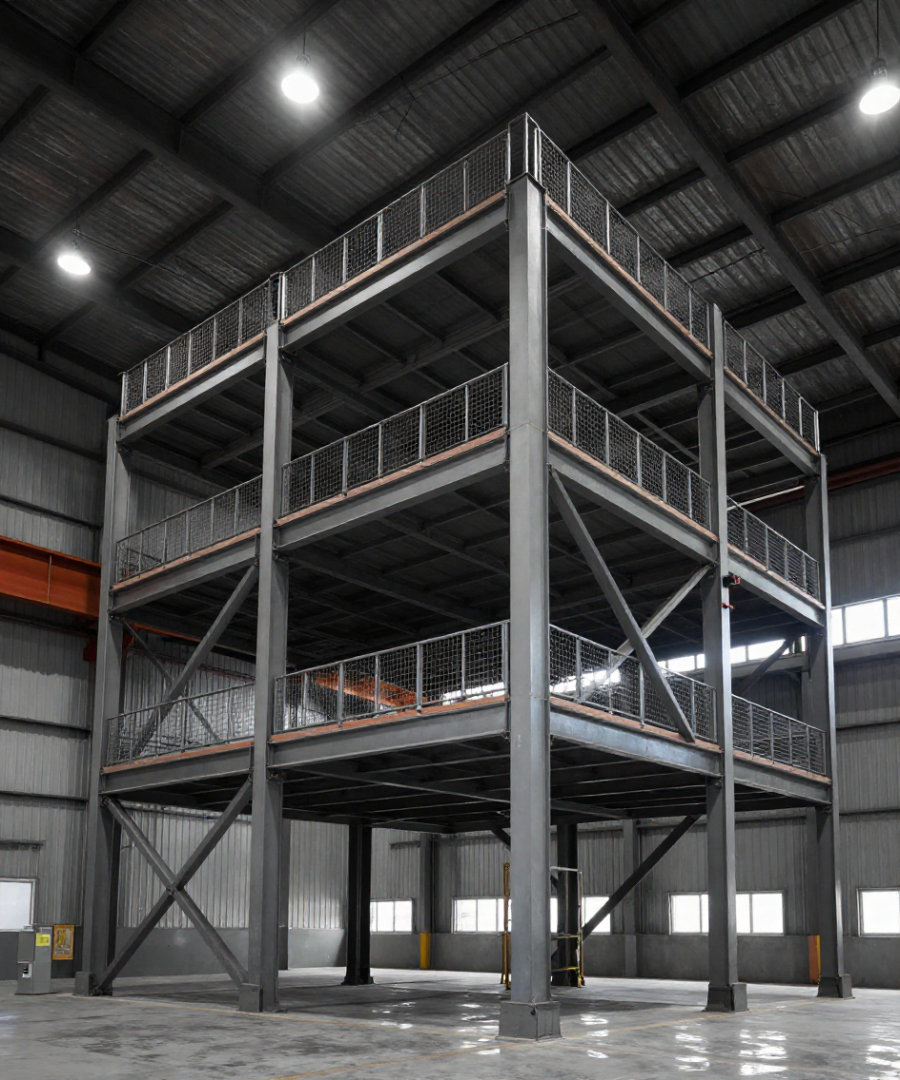 A multi-level structural steel mezzanine fabricated in-house