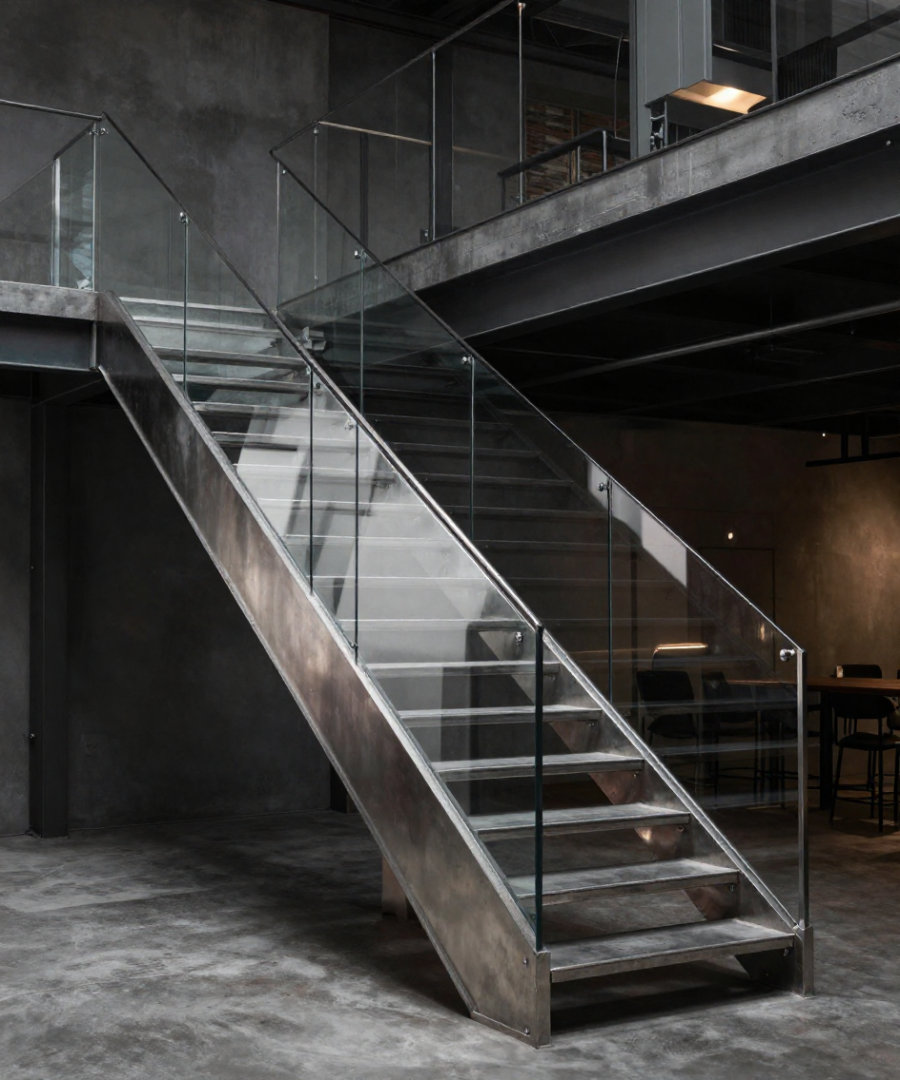 A dark steel and glass staircase rising to a mezzanine in an industrial interior