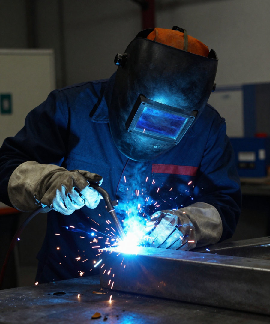 A Vulcan welder running a structural weld, sparks lit against the workshop