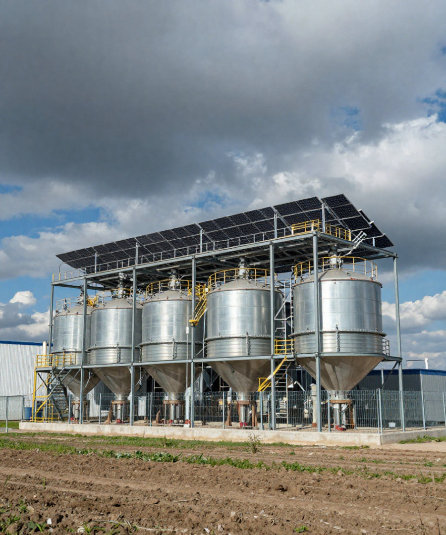 Agricultural storage silos and yard infrastructure where feed and produce bins are moved