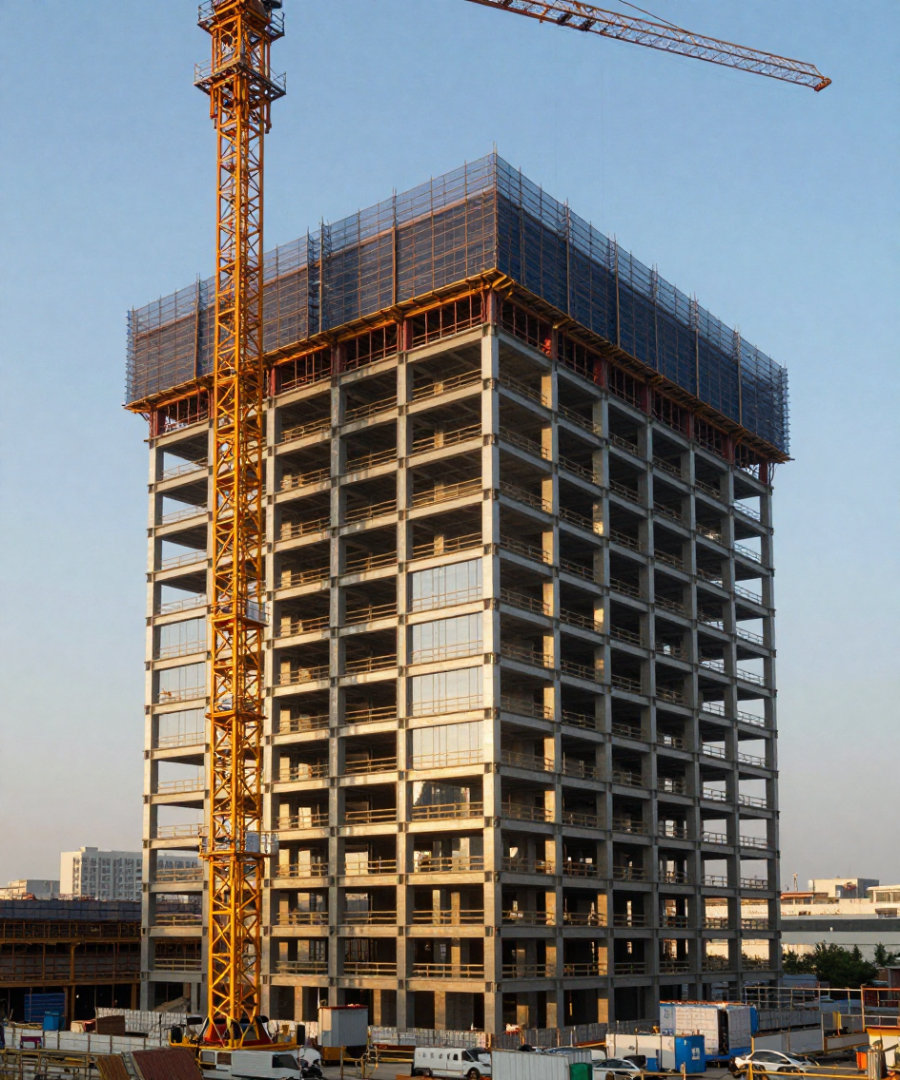 A multi-storey construction site with structural steel framing and tower crane