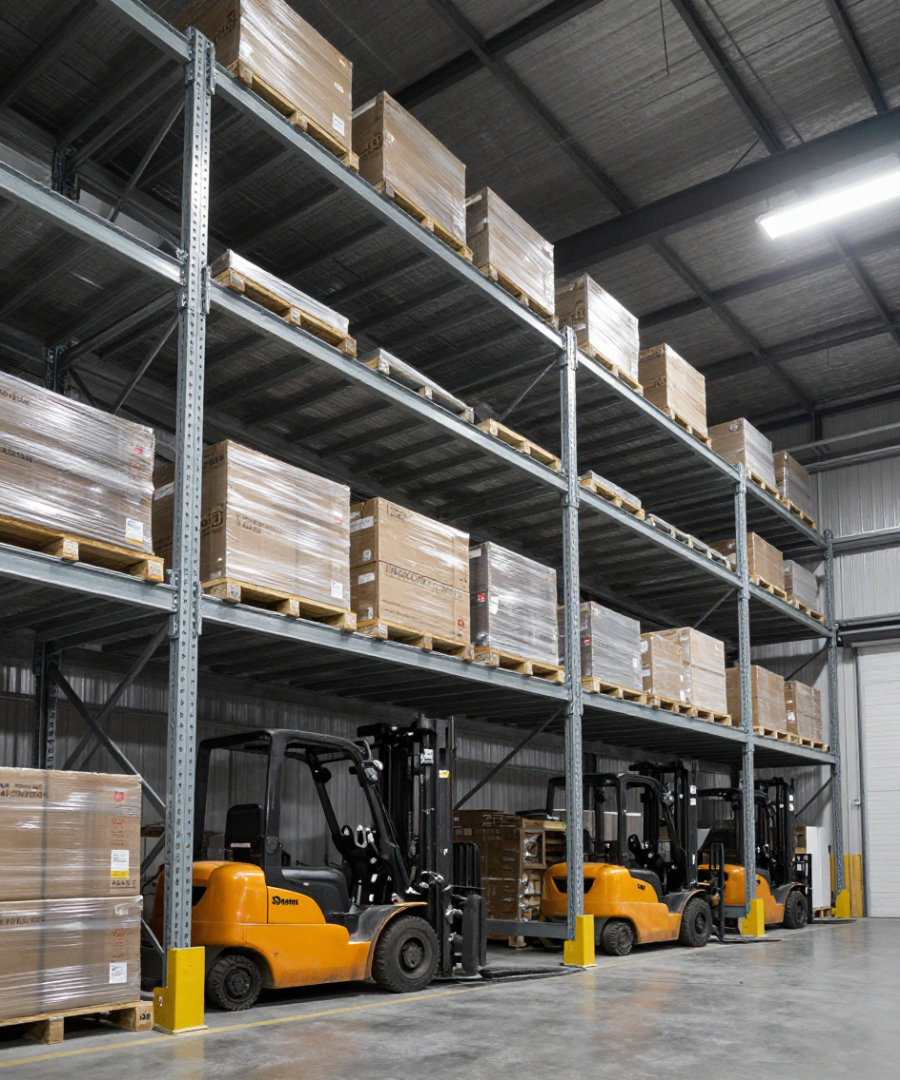 A logistics warehouse with pallet racking, shrink-wrapped loads and forklifts ready for dispatch