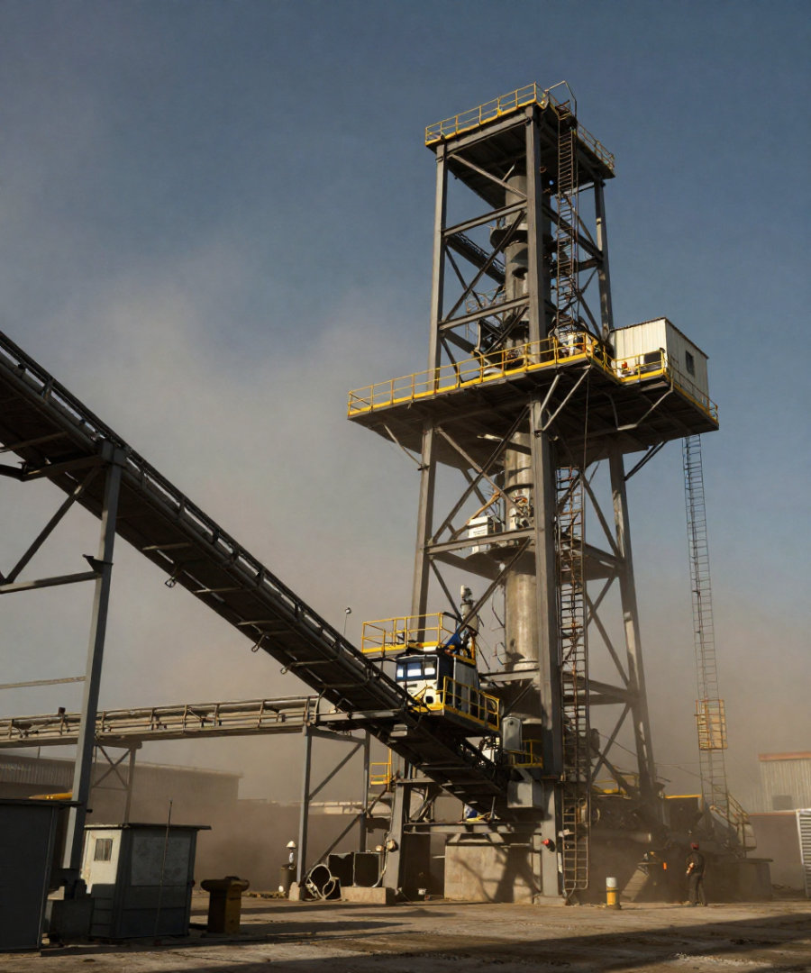 A heavy industrial mining plant tower with conveyor feed and yellow access platforms